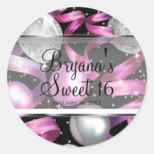Roze Zwart Zilver Glitter Sweet 16 Verjaardagsfees Ronde Sticker (Voorkant)