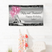 Roze Zwart Zilver Hoge Hak Schoen Verjaardagsfeest Spandoek (Insitu)