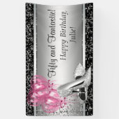 Roze Zwart Zilver Hoge Hak Schoen Verjaardagsfeest Spandoek (Verticaal)