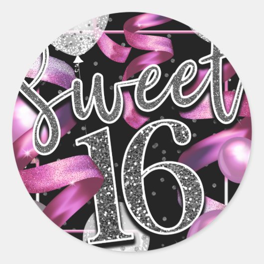 Roze Zwart Zilver Nep Glitter Uitzicht Zoete 16 Ronde Sticker (Voorkant)