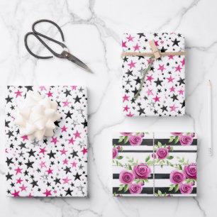 Roze Zwart Zilver Sterren Bloemen Strepen Verjaard Inpakpapier Vel