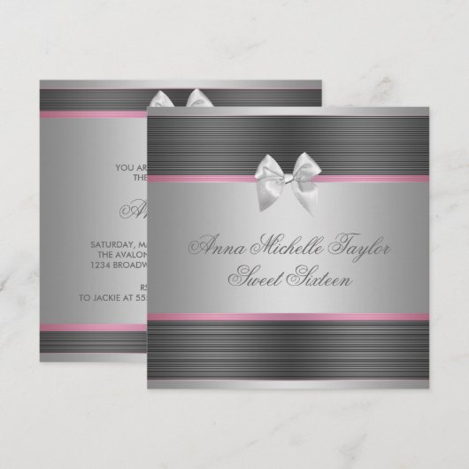 Roze Zwart Zilver Sweet 16 Verjaardagsfeest Kaart (Voorkant / Achterkant)