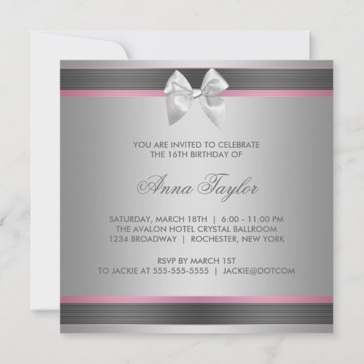 Roze Zwart Zilver Sweet 16 Verjaardagsfeest Kaart (Achterkant)