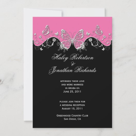 Roze Zwart Zilver Vlinders Trouwfeest Na De Bruilo Kaart (Voorkant)