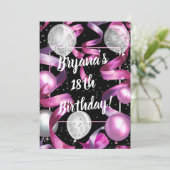 Roze Zwart Zilveren Glitter Ballonnen Verjaardagsf Kaart (Staand voorkant)