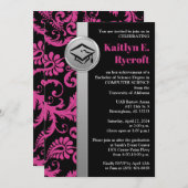 Roze, Zwart, Zilveren Graduation Cap Uitnodigen Kaart (Voorkant / Achterkant)