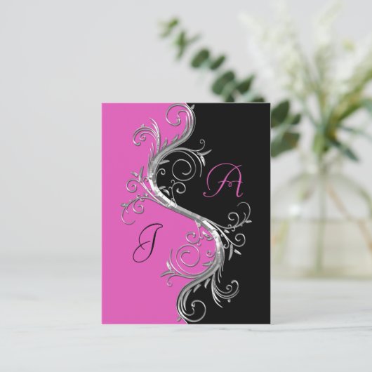 Roze Zwart  Zilveren Wervelingen Save The Date Aankondigingskaart (Staand voorkant)