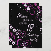 Roze zwarte 18e Birthday Party Invitation Card Kaart (Voorkant / Achterkant)
