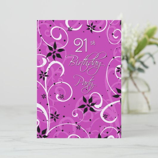 Roze zwarte 21e Birthday Party Invitation Card Kaart (Staand voorkant)