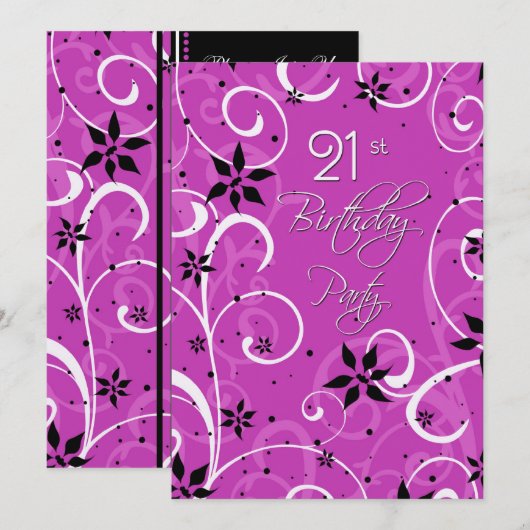Roze zwarte 21e Birthday Party Invitation Card Kaart (Voorkant / Achterkant)