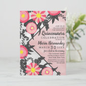 Roze Zwarte Acryl Bloemige Aquarel Quinceañera Kaart (Staand voorkant)