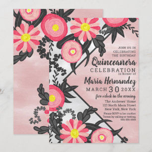Roze Zwarte Acryl Bloemige Aquarel Quinceañera Kaart