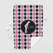 Roze zwarte argyle Silhouette Golfer Monogram Golfhanddoek (Insitu)