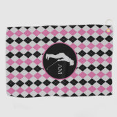 Roze zwarte argyle Silhouette Golfer Monogram Golfhanddoek (Horizontaal)