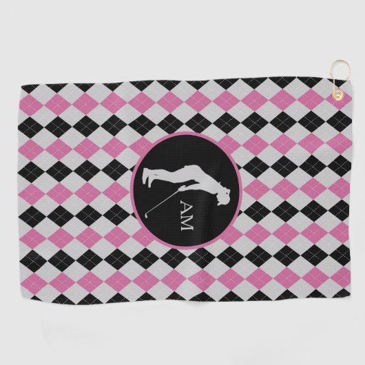 Roze zwarte argyle Silhouette Golfer Monogram Golfhanddoek (Horizontaal)