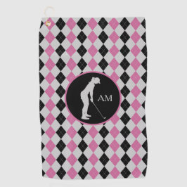 Roze zwarte argyle Silhouette Golfer Monogram Golfhanddoek
