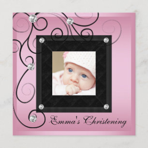 Roze Zwarte Baby Meisje Foto Doop Uitnodigingen