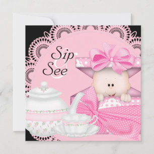 Roze Zwarte Baby Meisje Sip & See Uitnodigingen