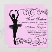 Roze & Zwarte Ballerina & Swirl Verjaardag Uitnodi Kaart (Voorkant / Achterkant)