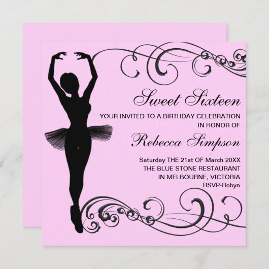 Roze & Zwarte Ballerina & Swirl Verjaardag Uitnodi Kaart (Voorkant / Achterkant)