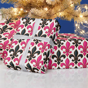 Roze Zwarte Barok Fleur-de-lis Patroon Ontwerp Cadeaupapier