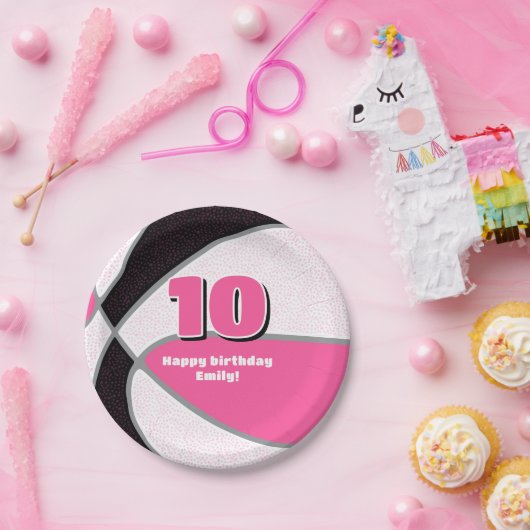 Roze zwarte basketbal meisjes sportfeest papieren bordje (Feest)