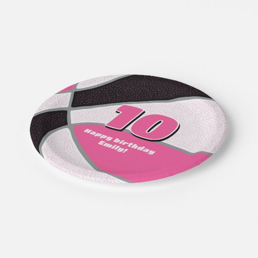 Roze zwarte basketbal meisjes sportfeest papieren bordje (Gekanteld)