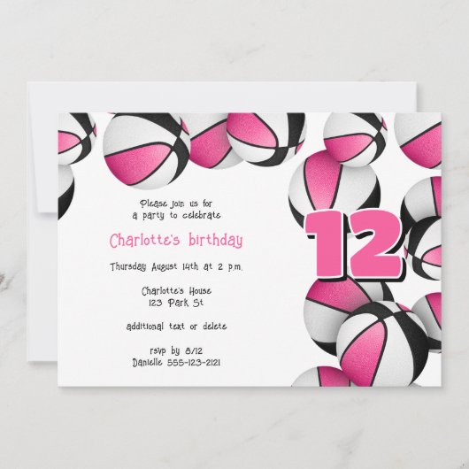 roze zwarte basketbal meisjes verjaardagsfeestje kaart (Voorkant)