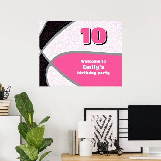 Roze Zwarte Basketbal Party Meisjes Verjaardag Wel Poster (Thuiskantoor)
