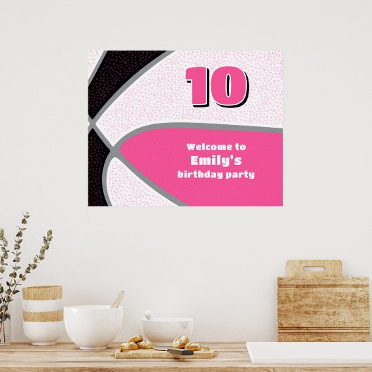 Roze Zwarte Basketbal Party Meisjes Verjaardag Wel Poster (Keuken)