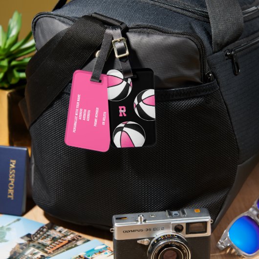 Roze zwarte basketballen Jonge atleet monogram Bagagelabel (Voorkant /achterkant)