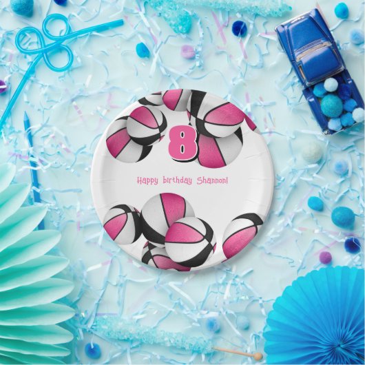 Roze zwarte basketballen meisjes verjaardagsfeestj papieren bordje (Feest)