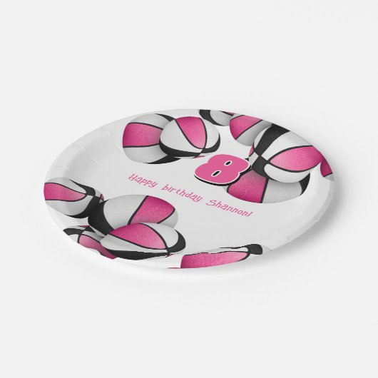 Roze zwarte basketballen meisjes verjaardagsfeestj papieren bordje (Gekanteld)