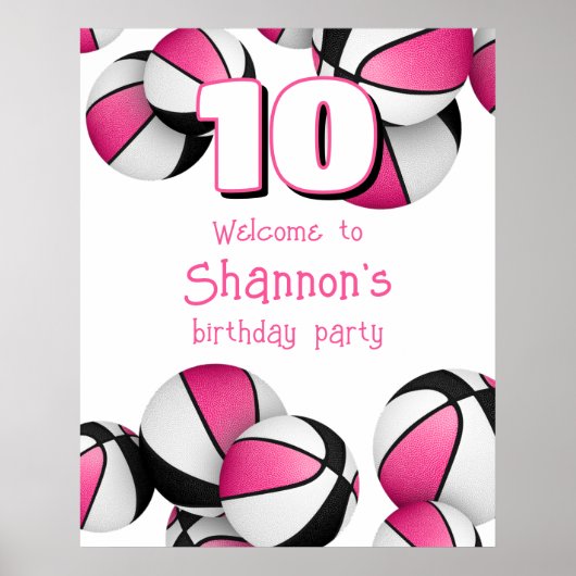 Roze zwarte basketballen meisjes verjaardagsfeestj poster (Voorkant)