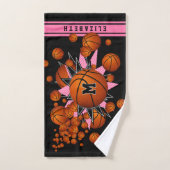 roze zwarte basketballen sterren meisjes monogram handdoek (Handdoek)