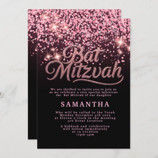Roze & Zwarte Bat Mitzvah Uitnodiging (Voorkant / Achterkant)