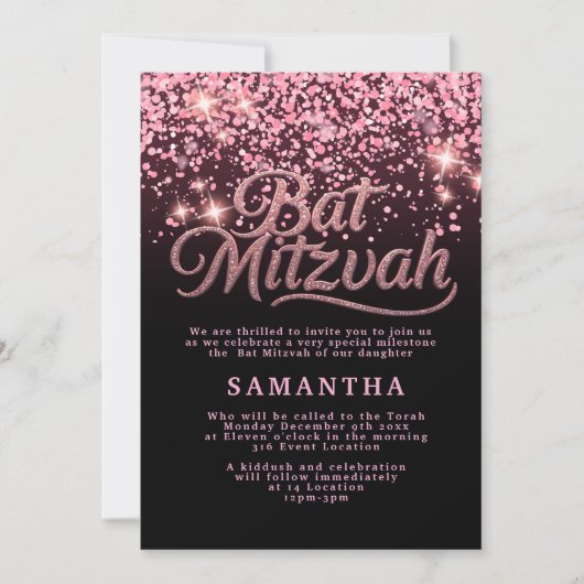 Roze & Zwarte Bat Mitzwa Uitnodiging (Voorkant)