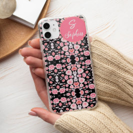 Roze zwarte bloem esthetisch aangepast monogram Case-Mate iPhone case