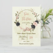 Roze & zwarte bloemen botanische bruiloft save the date (Staand voorkant)