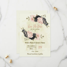 Roze & zwarte bloemen botanische bruiloft save the date