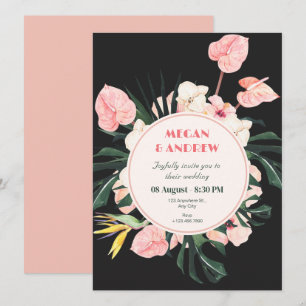Roze zwarte bloemen bruiloft Uitnodiging