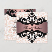 Roze & Zwarte Bloemen Damask Verjaardag Uitnodigin Kaart (Voorkant / Achterkant)