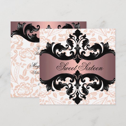 Roze & Zwarte Bloemen Damask Verjaardag Uitnodigin Kaart (Voorkant / Achterkant)