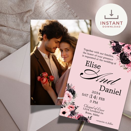  Roze & Zwarte Bloemen Huwelijksuitnodiging Feestdagenkaart