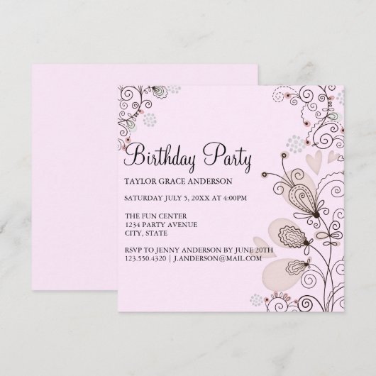 Roze & Zwarte Bloemen Verjaardag Uitnodigen Kaart (Voorkant / Achterkant)