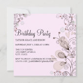 Roze & Zwarte Bloemen Verjaardag Uitnodigen Kaart (Voorkant)