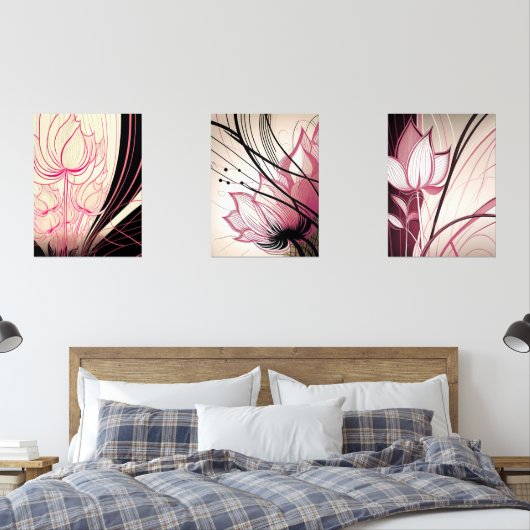 Roze & Zwarte Bloemen Wall Art – Set van 3 Prints (Slaapkamer)