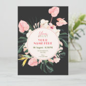 Roze zwarte bloemige uitnodiging (Staand voorkant)