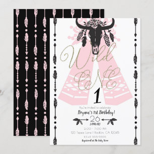 Roze & Zwarte Boho Chic Wilde EERSTE 1e Verjaardag Kaart