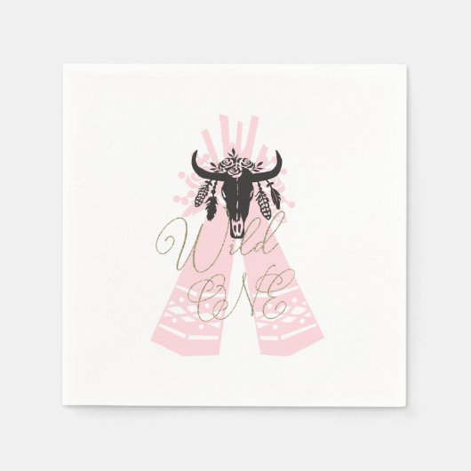 Roze & Zwarte Boho Chic Wilde EERSTE 1e Verjaardag Servet (Voorkant)